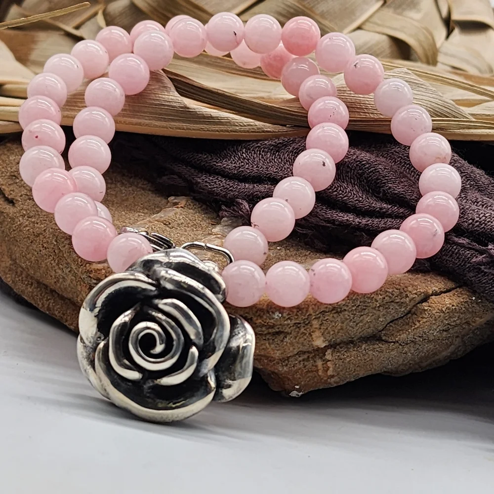 Roses Quartz Genuine Necklace 925 Sterling Silver Rose Pendant Unique Design
